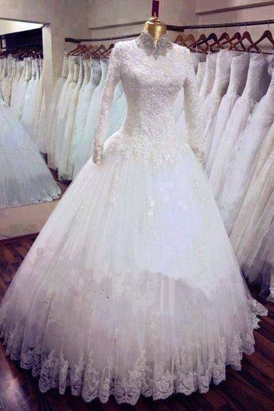 Boncuklu Yüksek Boyun Uzun Kollu Gelinlik Müslüman Gelinlik 2016 Gelinlikler Robe De Mariage Ismarlama Vestido de noiva