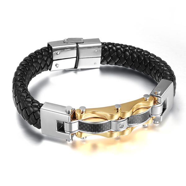 Hiphop Style Brand New High Grade Alta qualità Heavy True Leather 316L Stainless Steel CZ Mens Chain Bracelet Bnagle 8.8 ''