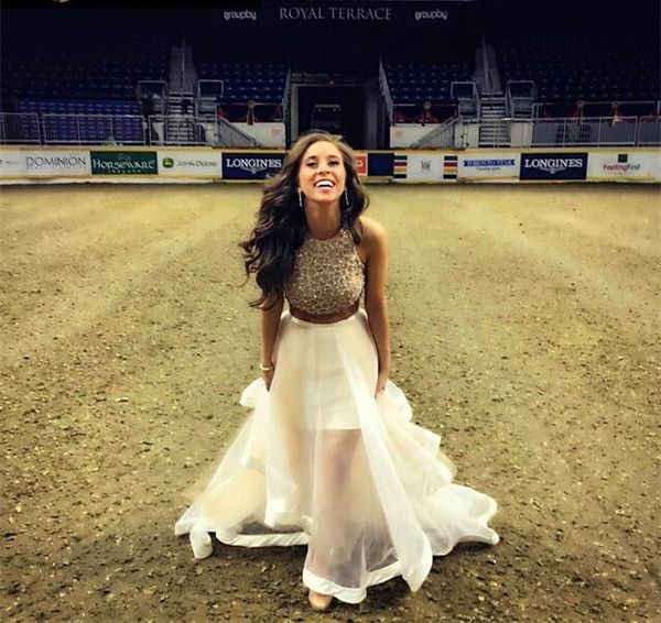 2016 Dois Pedaços Longos Prom Vestidos Homecoming Venda Barato Lantejoulas Frisada Jóia Colheita Top Vestidos de Festa À Noite de Champanhe