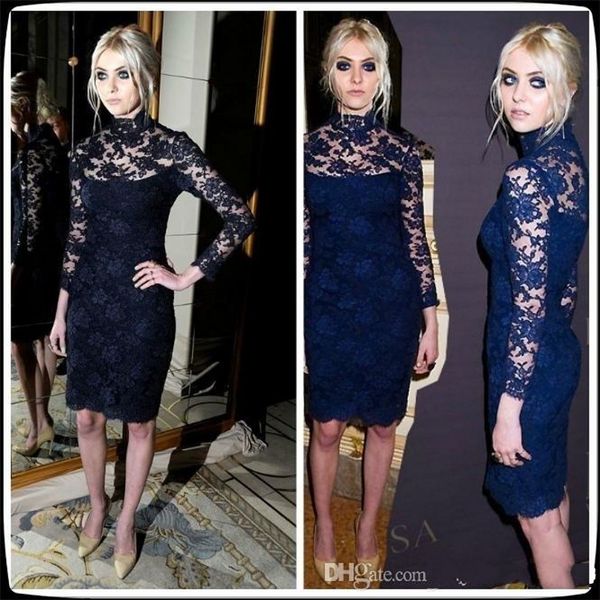 

prom dresses 2019 new navy blue high neck long sleeves celebrity cocktail dresses lace knee-length evening 028, Black