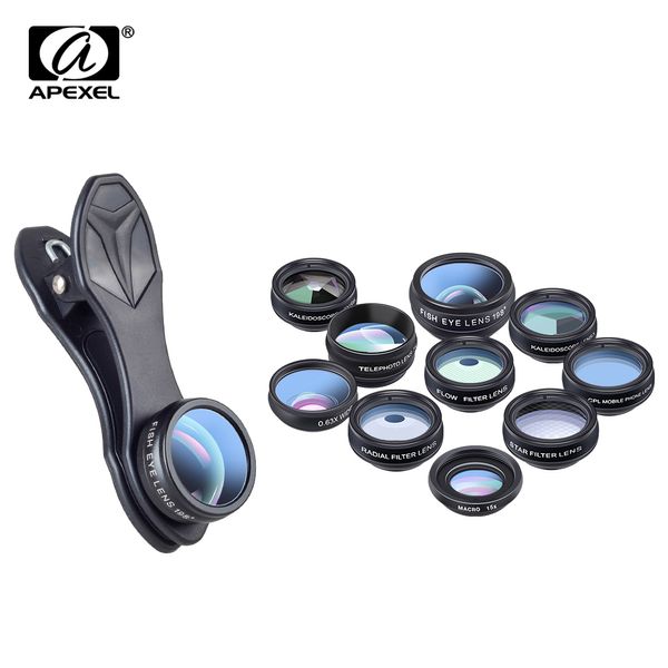 APEXEL 10 in 1 Kit fotocamera per telefono Fisheye Filtro grandangolare macro CPL Caleidoscopio e telescopio 2X per obiettivo smartphone