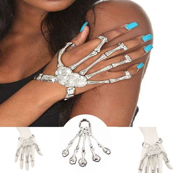 

wholesale-hand chain silver skull fingers metal skeleton fashion slave bracelets rings, Black