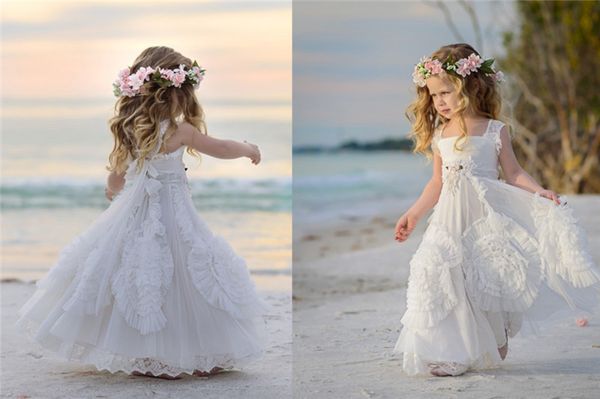 Abiti da ragazza bianchi economici a fiori per abiti da sposa con scollo quadrato, applique, perline, abiti formali per bambini, abiti da spettacolo per ragazze da spiaggia senza maniche