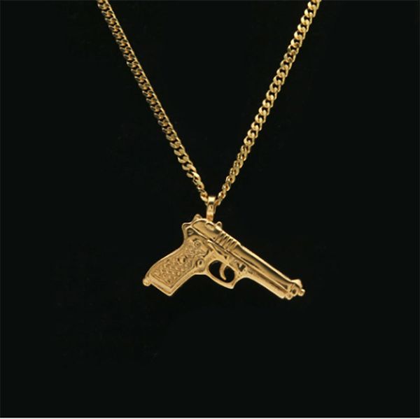 Collana con pendente a pistola tono oro Hip Hop da uomo con collana a catena Cuba da 3 mm da 24 pollici Gioielli hip hop vermeil di ALTA QUALITÀ