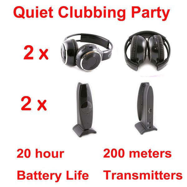 Sistema di cuffie wireless RF per discoteca silenziosa - Conferenza per feste in discoteca silenziosa DJ Confezione con 2 cuffie 2 trasmettitori Distanza 200 m