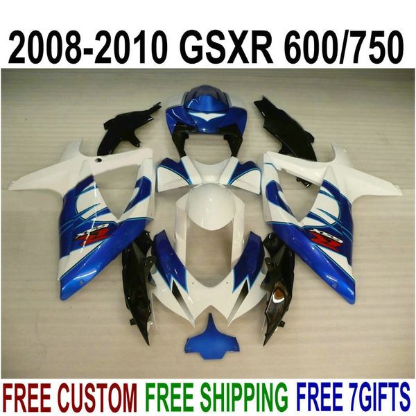 Горячие продажи обтекатель комплект для SUZUKI GSXR750 GSXR600 2008 2009 2010 K8 K9 GSX-R600 / 750 08-10 белый синий Корона настроить обтекатели набор R47P