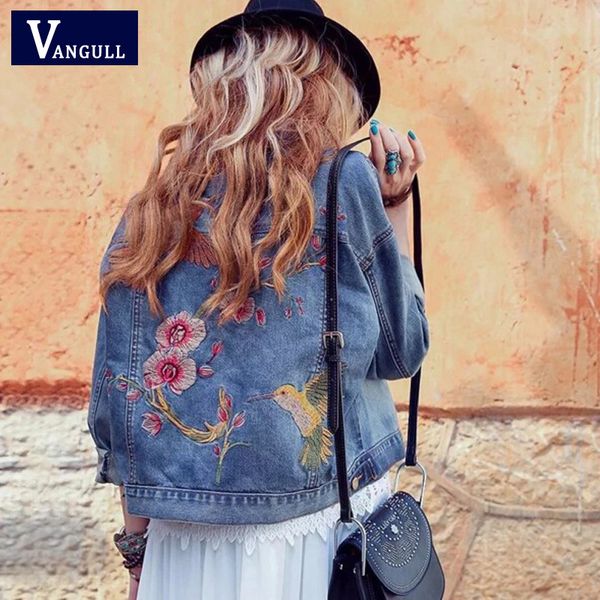 

wholesale-new women beautiful denim flower jacket women's vintage blue pockets buttons back bird embroidery loose coat femme jean outer, Black;brown