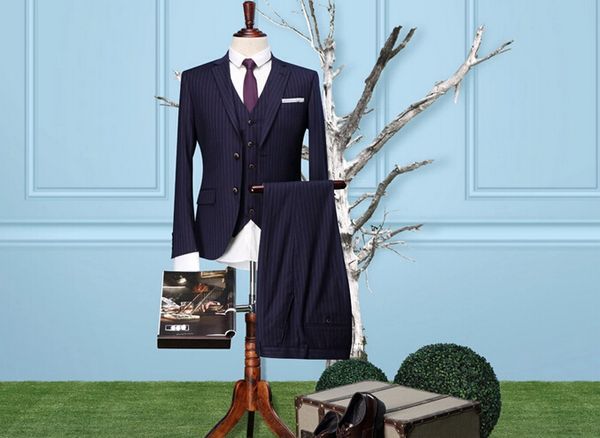 

handsome charming three-piece men's slim suits turn-down collar stripe young man bridegroom business suit, White;black