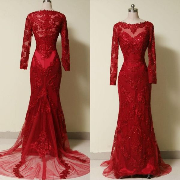 Alta Qualidade Real Photo Dresses Red Sereia Vestidos de Noite Ilusão Pescoço Mangas Compridas Frisado Bordado Pageant Festa Formal Plus Size