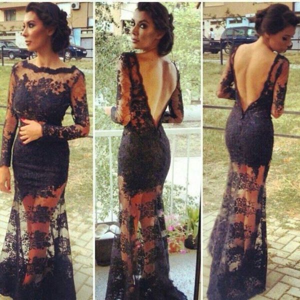 

elegant black long sleeve evening dresses tulle see through floor length formal party gowns charming prom dress, Black;red
