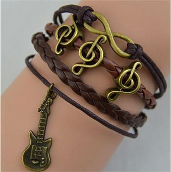 

wholesale-2015 new fashion leather guitar notes infinity vintage bracelets bangles rope chain brown t393, Golden;silver