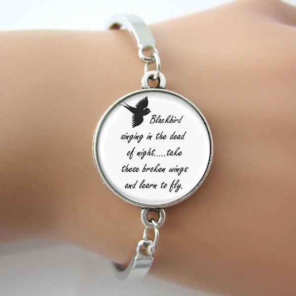 

glass gem metal charm blackbird singing in the dead of night art picture bracelets bangles,song lyrics jewelry for friends gift, Golden;silver