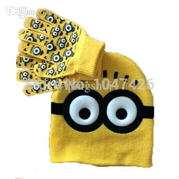 

wholesale-2 set minions baby boys 2015 children dave cartoon winter knitted hat and gloves, Blue;gray