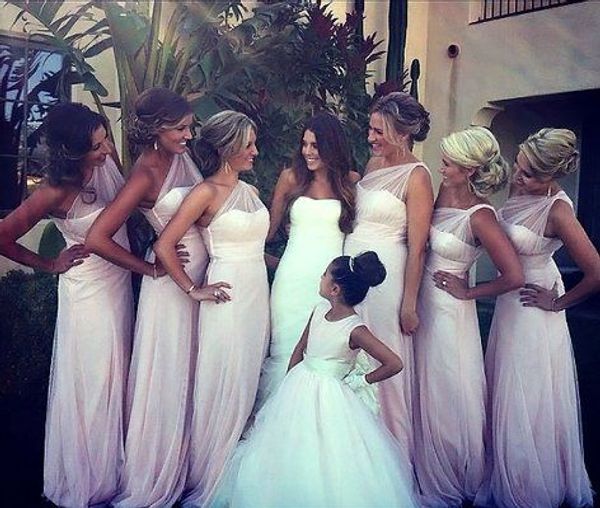 

modest white one shoulder sheer strap bridesmaid dresses long tulle floor length illusion back 2014 bridal maids of honor dress party gowns, White;pink