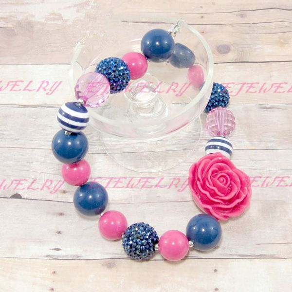

chunky ..childrens ..navy and pink necklace..p prop..birthday..toddler necklace..kids necklace cb139, Silver