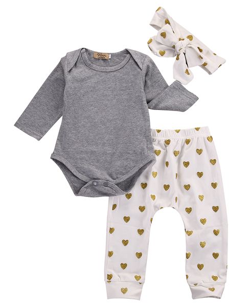 Vestiti per neonate Pagliaccetto in cotone a maniche lunghe Pantaloni a cuore dorato Fascia per capelli 3 pezzi Completi Set di abbigliamento per bambini per bambini Boutique Set per ragazze