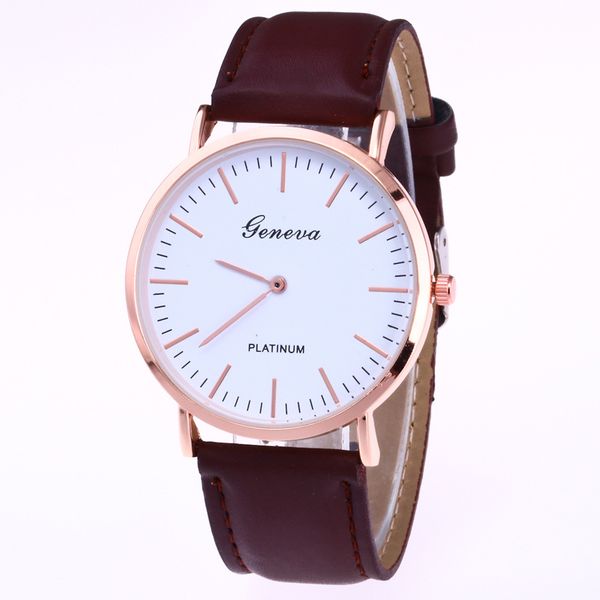 

geneva fashion leisure belt waterproof slim two stitches antique genuine leather luxury gift dress casual luxury quartz watch, Slivery;brown
