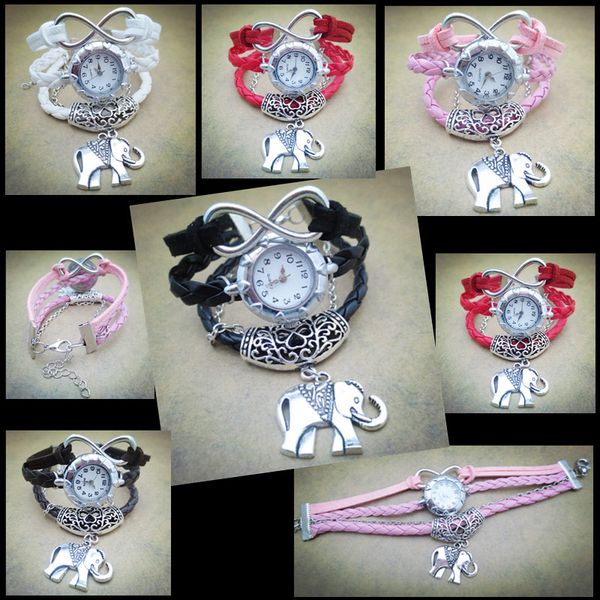 

hand made braid leather wrap wristwatch bracelets with love hearts and elephant pendant decorations 10 colors, Slivery;brown