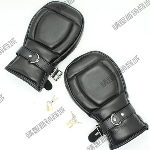 

black leather locking goth padded mittens gloves dog paw palm lockable gloves