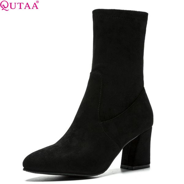

qutaa 2019 women mid calf boots platform sock bootd winter shoes all match pointed toe women motorcycle boots big size 34-43, Black