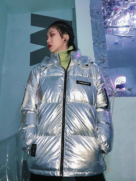 

heavy industry thickened winter street trend hooded cotton clothes shiny silver cotton clothes trend brand jackets coat coats, Black
