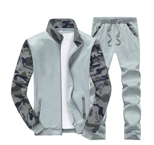 

panelled printed mens 2pcs sets sports cardigan mens two piece sets male clothing camouflage designer mens tracksuits long sleeve, Gray