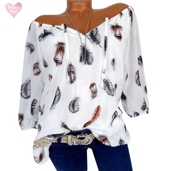 

laamei blouse women long sleeve print lace up v neck off shoulder plus size fashion feather half sleeve ladies shirts, White