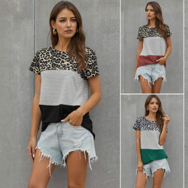 

womens leopard stripe short t-shirt girls hit color round neck short sleeve plus size brand splice t-shirts 2020 summer hot, White