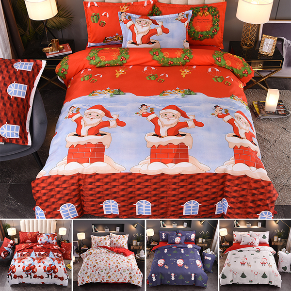 

4pcs bedding set santa claus print quilt duvet cover bed sheet pillowcase christmas decoration for home