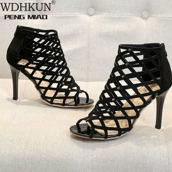 

genuine leather summer new women pumps peep toe fashion thin heel high heels shoes gladiator casual sock wedding sandals, Black
