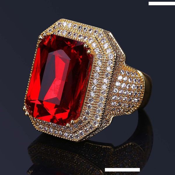 

hip hop ring luxury grade quality 18k gold plated finger rings jewelry exquisite big red glaring zircon cluster ring, Golden;silver