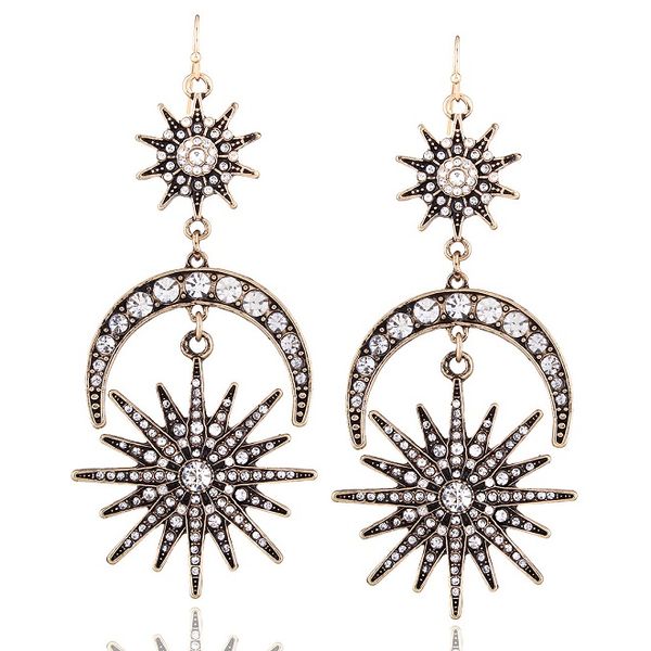 

Hot new fashion designer exaggerated diamond rhinestone crystal cute star moon long drop dangle chandelier stud earrings for women silver