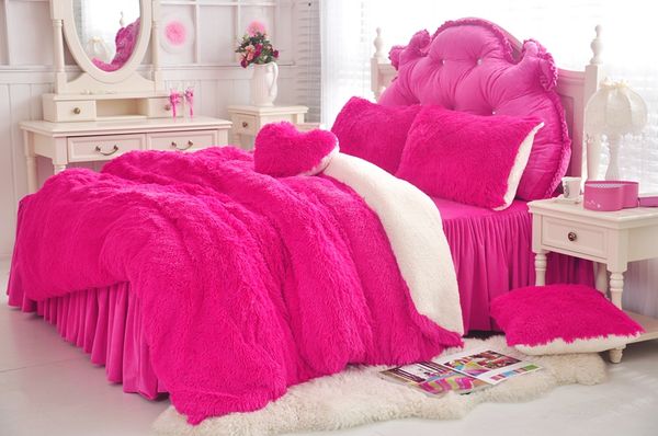 Pink Shaggy Plush Duvet Cover Set Violet Faux Fur Bedding Twin