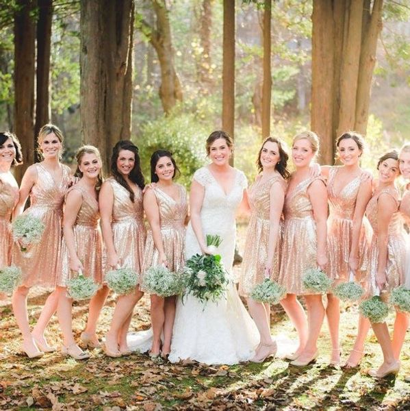 

розовое золото блестками короткие платья невесты 2020 western country garden boho a line v образным вырезом фрейлина платья дешевые плюс раз, White;pink