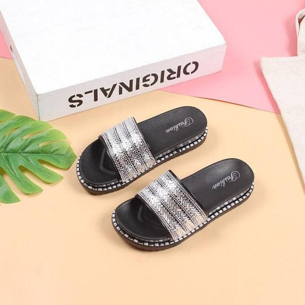 

slippers summer women shoes woman flat sandals rhinestone beach house ladies slides pantuflas de mujer maggie's walker, Black