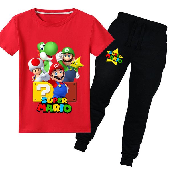 

new summer kids boys clothes 2 piece sets tracksuit children short sleeve crew neck t shirt super mario print letter clothing set big boys, White