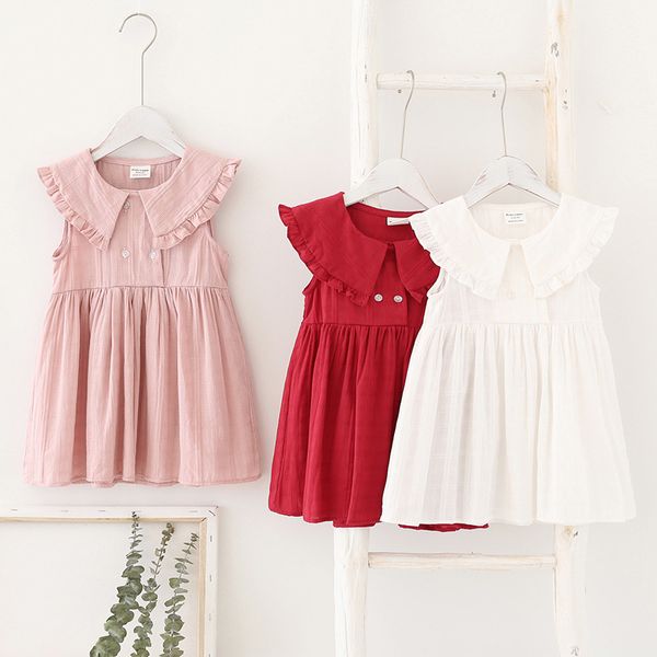 

girls dress 2020 summer new sleeveless double-breasted vest doll dress pure cotton solid color stitching princess, Red;yellow