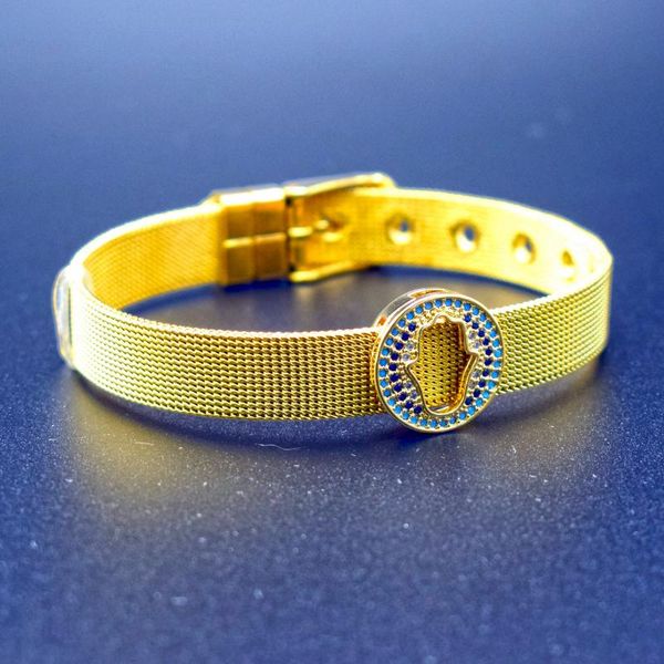 

link, chain inless steel mesh band bracelet gold color full micro paved cz zircon hamsa hand bracelets bangles for women jewelry, Black