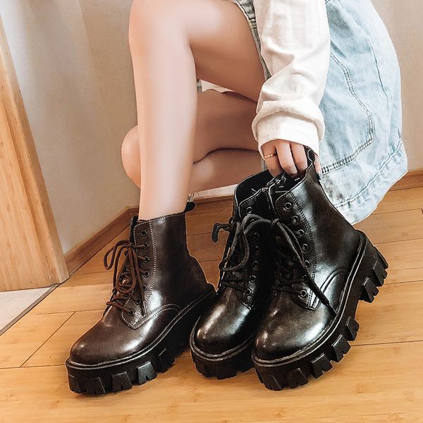 

genuine leather england wind boots woman 2019 season student thick bottom, Black