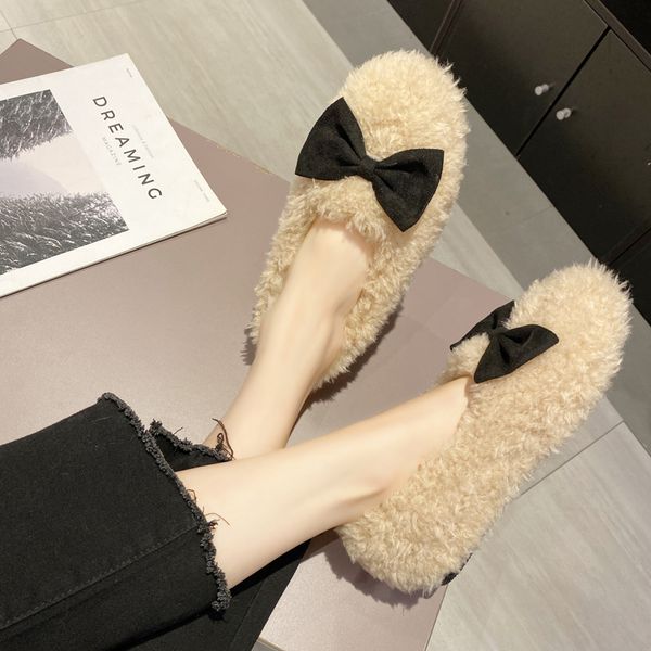 

winter shoes women autumn 2019 fashion women's round toe loafers fur casual female sneakers slip-on flats bow-knot fall new, Black