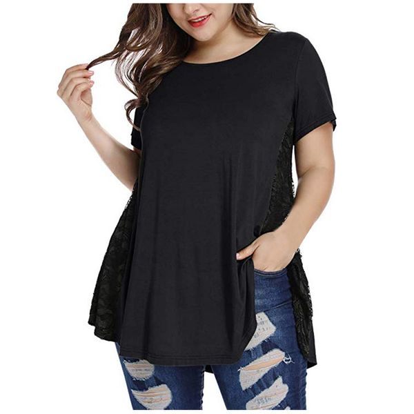 

lace t-shirt pullover patchwork o-neck short sleeve loose summer long tshirts women's t-shirt poleras mujer de moda, White