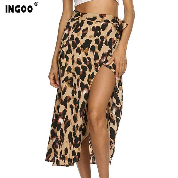 

ingoo весна лето леопардовый принт щелевая юбка женщины сексуальная шифоновая трапециевидная длина до колен высокая талия бандаж до середины, Black