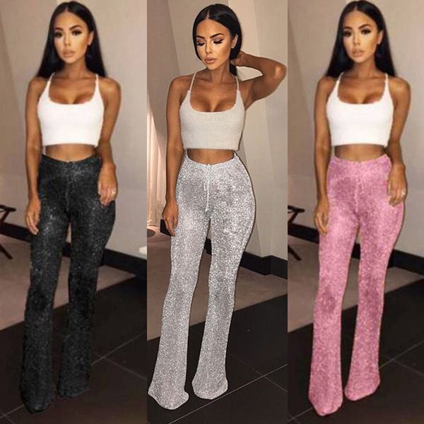 

2019 sequin shinny high waisted palazzo pants women casual long wide leg pants trousers party clubwear bottom, Black;white
