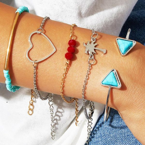 

europe and america new bohemian blue stone triangle heart multilayer charm bracelets for women fashion bijoux boho bangles, Golden;silver