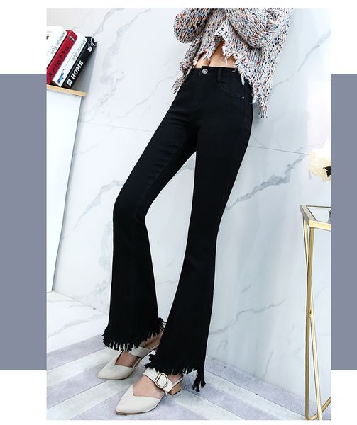 

black burrs tassel flared trousers jeans female autumn new fund, Blue