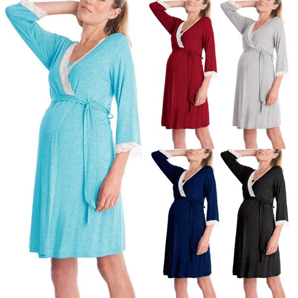 

Pregnant Womens Wrap Belt Mini Plain Dress V Neck 3/4 Sleeve Maternity Summer