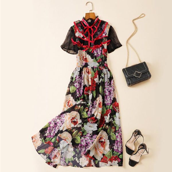 

red roosarosee designer women 2020 summer high end vintage floral waist lace patchwork lady dress elegant holiday vestidos robe, Black;gray
