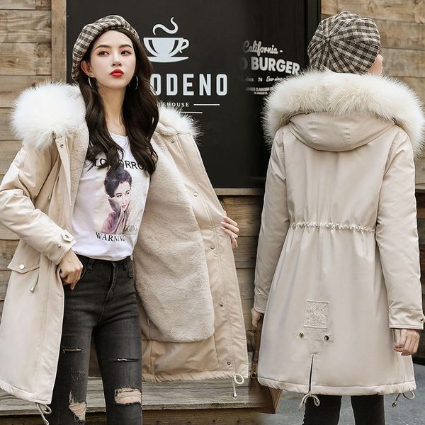 

drowyd fashion winter hair hooded cotton coat for women new casual 5-color windproof thick warm long-coat elegant loose coat, Black