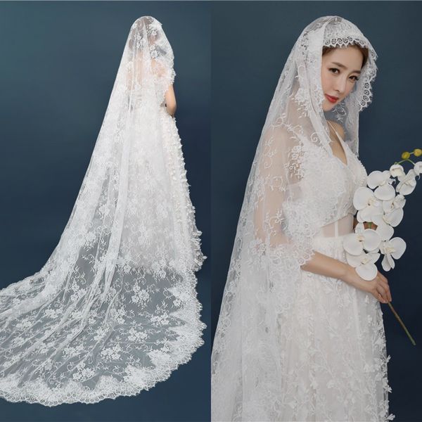 

full lace bridal veils one layer tulle mantilla 2.5m chapel length applique lacy cloaks wedding wraps bridal accessories with comb, Black