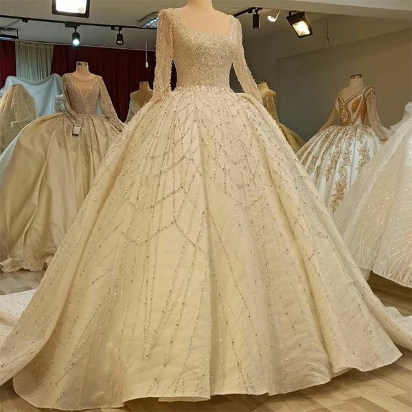 2020 brilhante Personalizar Vestidos de casamento Plus Size manga comprida lantejoulas vestidos de noiva colher pescoço frisada foto real Vestido de noiva